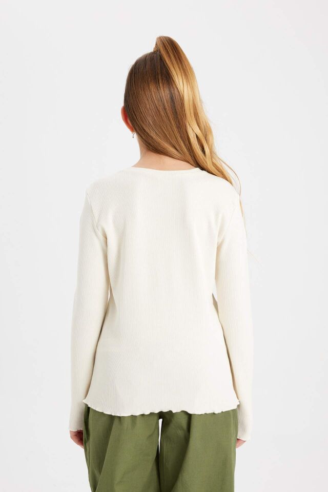 Kız Çocuk Slim Fit Dar Kesim Bisiklet Yaka Ribana Uzun Kollu Tişört