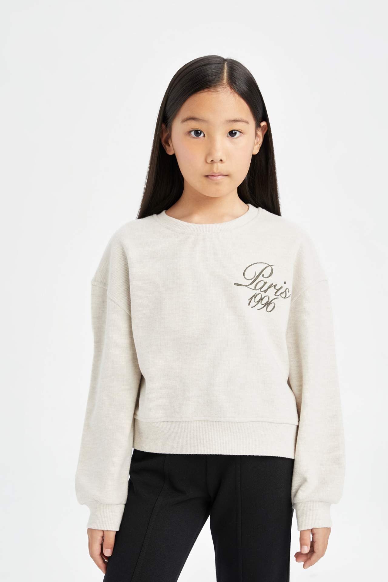 Kız Çocuk Relax Fit Bisiklet Yaka Baskılı Selanik Kumaş Sweatshirt
