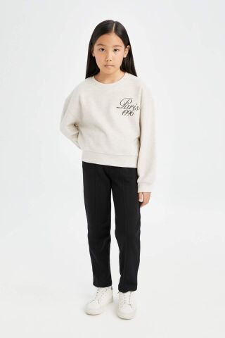 Kız Çocuk Relax Fit Bisiklet Yaka Baskılı Selanik Kumaş Sweatshirt