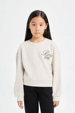 Kız Çocuk Relax Fit Bisiklet Yaka Baskılı Selanik Kumaş Sweatshirt