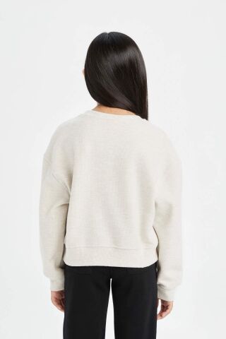 Kız Çocuk Relax Fit Bisiklet Yaka Baskılı Selanik Kumaş Sweatshirt