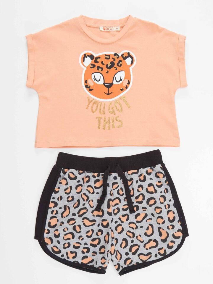 Leopar Kız Çocuk Crop Top Şort Takım 5 Y - Somon, Gri