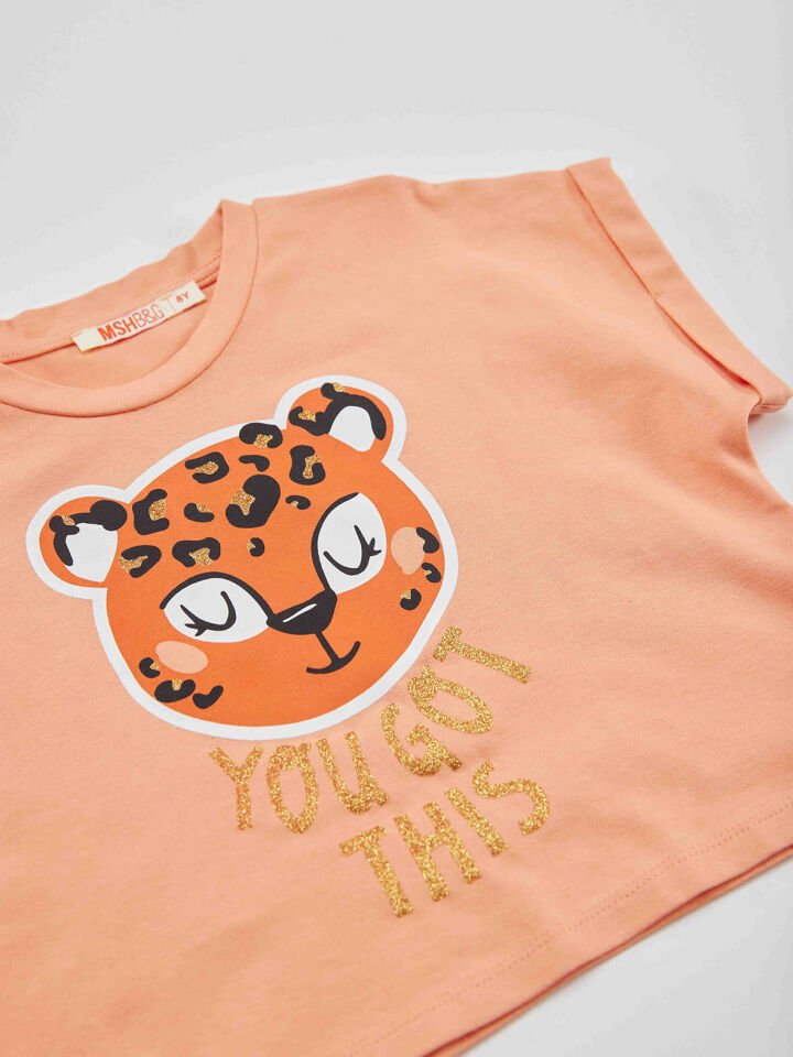 Leopar Kız Çocuk Crop Top Şort Takım 5 Y - Somon, Gri