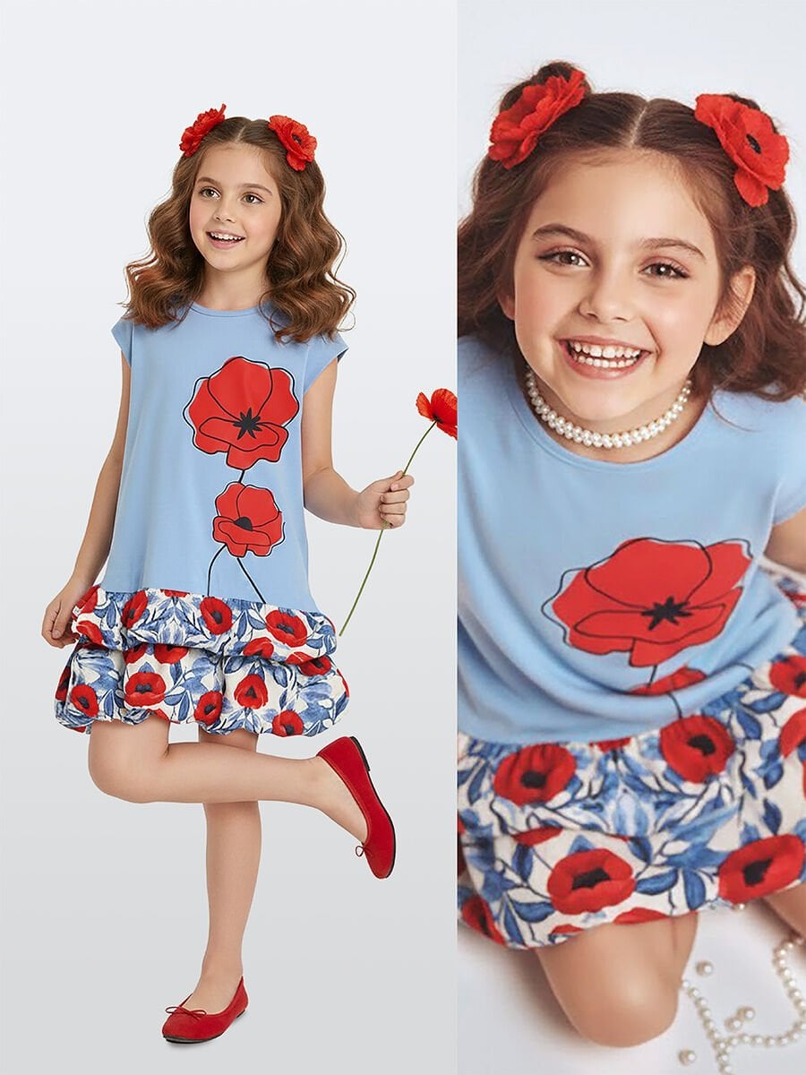 Kırmızı Gelincik Kız Çocuk Balon Elbise