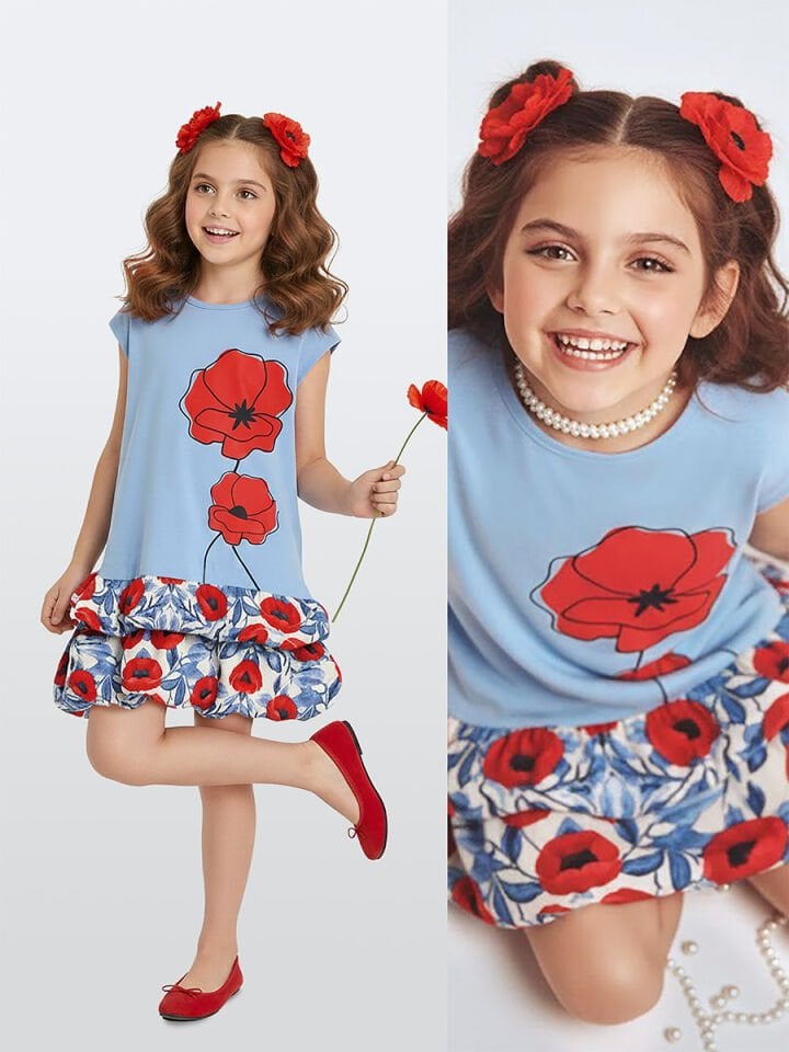 Kırmızı Gelincik Kız Çocuk Balon Elbise