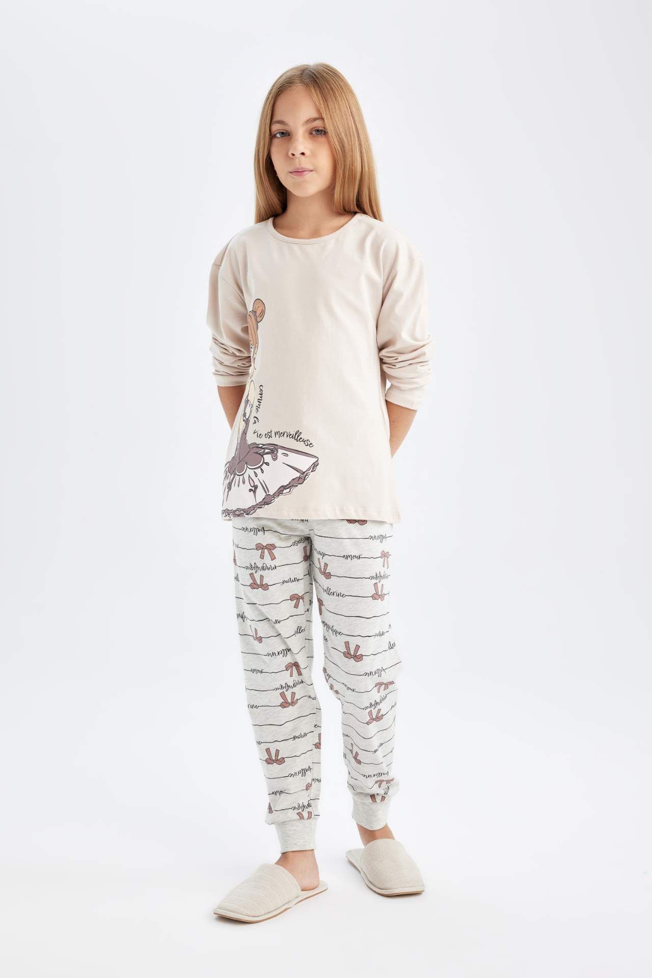 Kız Çocuk Pijama Takımı Bisiklet Yaka Baskılı Uzun Kollu Üst Uzun Alt