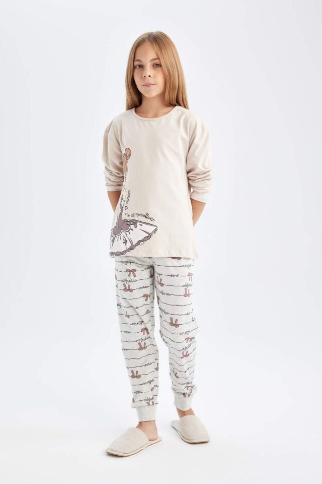 Kız Çocuk Pijama Takımı Bisiklet Yaka Baskılı Uzun Kollu Üst Uzun Alt