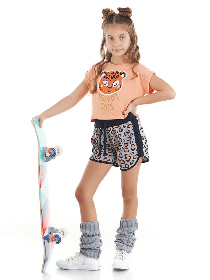 Leopar Kız Çocuk Crop Top Şort Takım 6 Y - Somon, Gri
