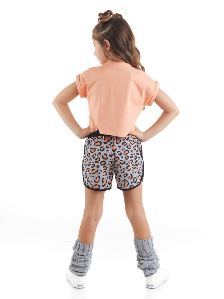 Leopar Kız Çocuk Crop Top Şort Takım 7 Y - Somon, Gri