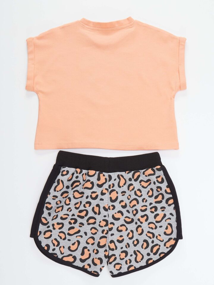 Leopar Kız Çocuk Crop Top Şort Takım 8 Y - Somon, Gri