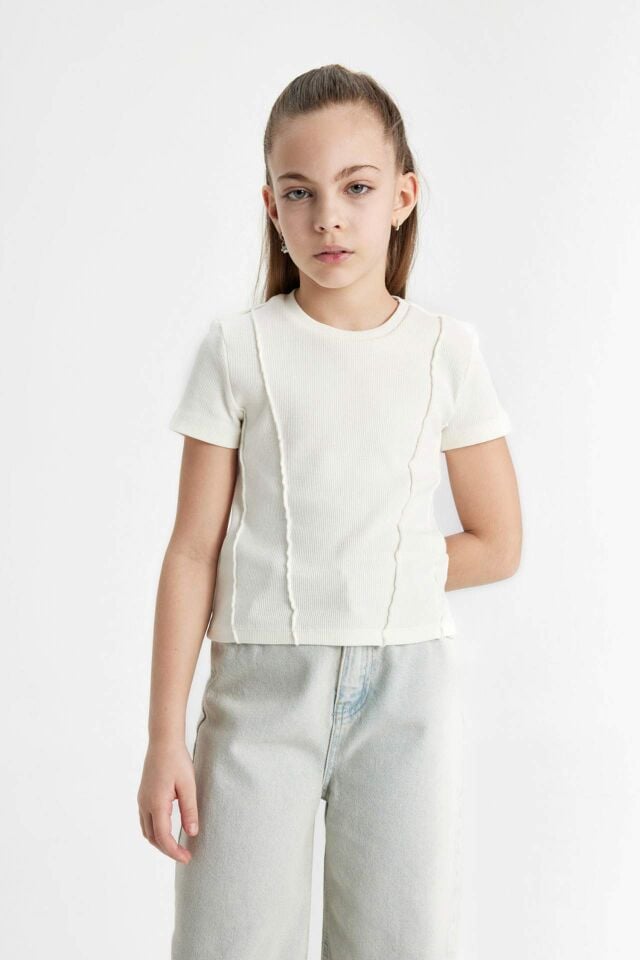 Kız Çocuk Slim Fit Dar Kesim Bisiklet Yaka Ribana Kısa Kollu Tişört