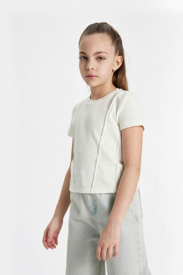 Kız Çocuk Slim Fit Dar Kesim Bisiklet Yaka Ribana Kısa Kollu Tişört