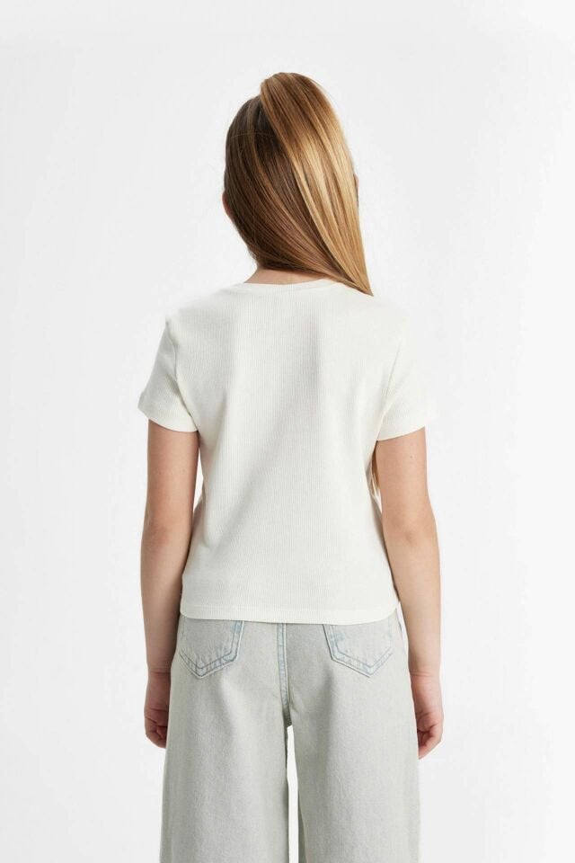 Kız Çocuk Slim Fit Dar Kesim Bisiklet Yaka Ribana Kısa Kollu Tişört