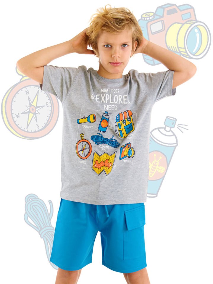 Explorer Erkek Çocuk T-shirt Şort Takım 9 Y - Gri, Mavi