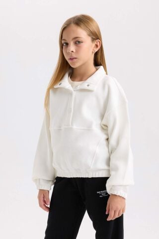 Kız Çocuk Relax Fit Çıtçıtlı Dik Yaka Basic Düz Sweatshirt