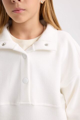 Kız Çocuk Relax Fit Çıtçıtlı Dik Yaka Basic Düz Sweatshirt
