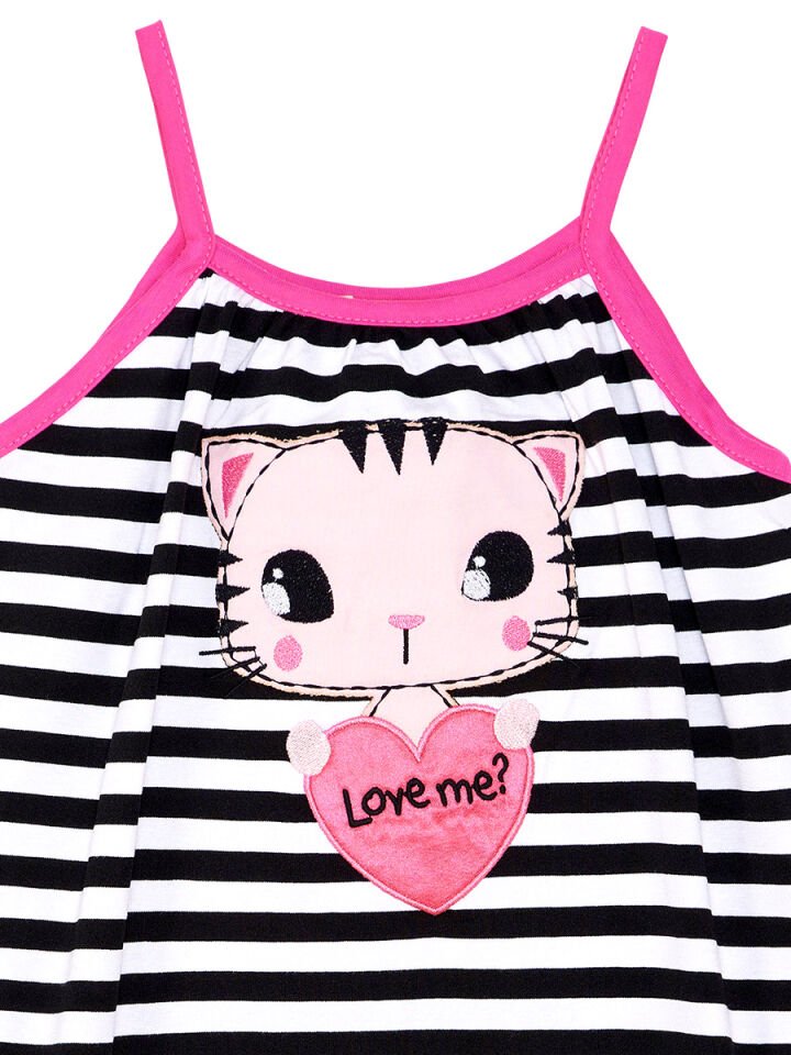 Love Me Kız Çocuk Çizgili Kedili Askılı Tulum 3 Y - Siyah, beyaz