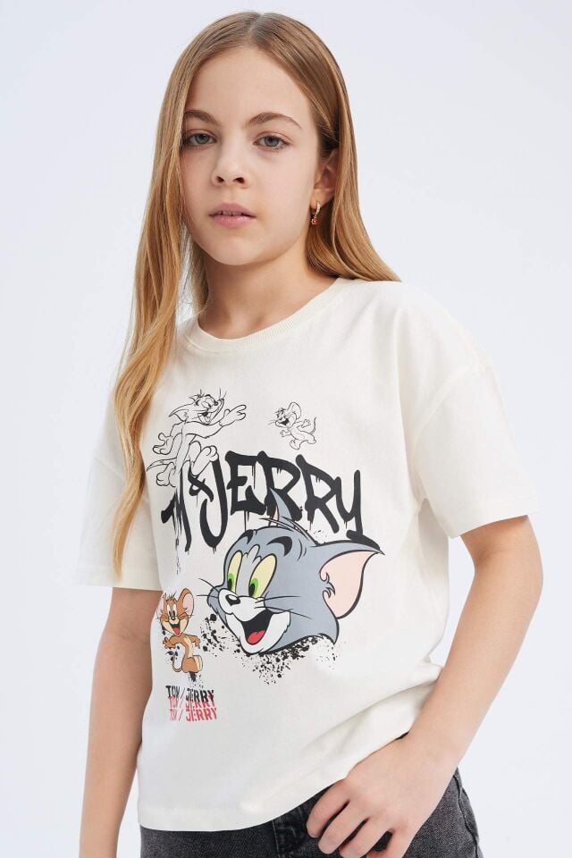 Kız Çocuk Tom & Jerry Relax Fit Bisiklet Yaka Kısa Kollu Tişört