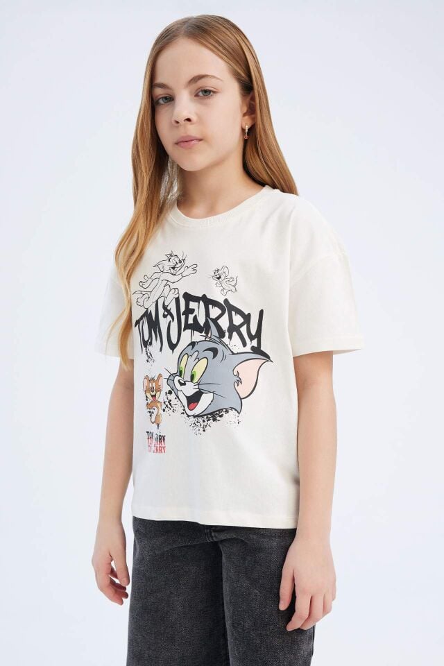 Kız Çocuk Tom & Jerry Relax Fit Bisiklet Yaka Kısa Kollu Tişört