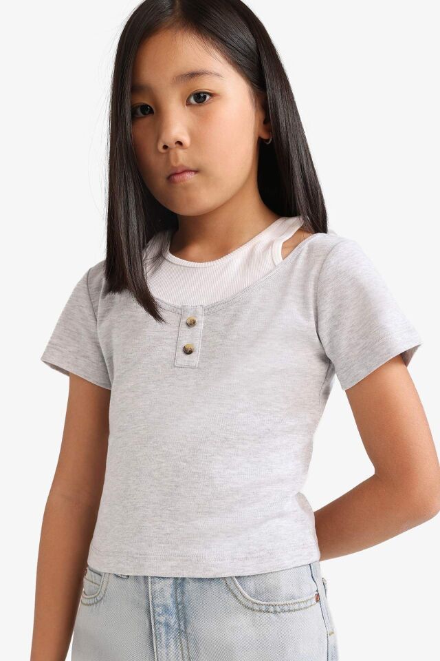 Kız Çocuk Cropped Fit Bisiklet Yaka Ribana Kısa Kollu Tişört