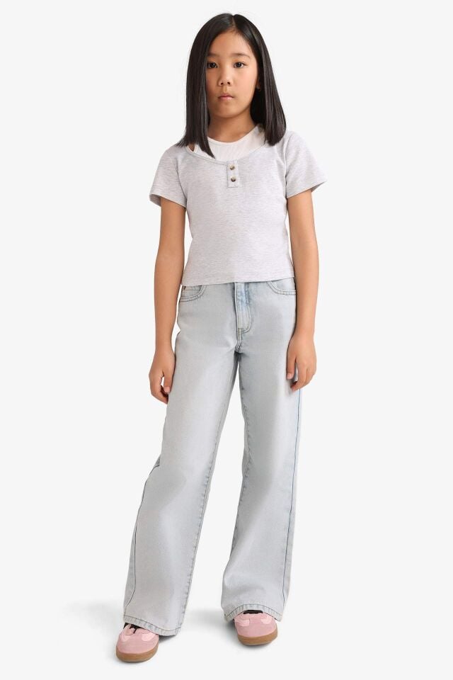 Kız Çocuk Cropped Fit Bisiklet Yaka Ribana Kısa Kollu Tişört