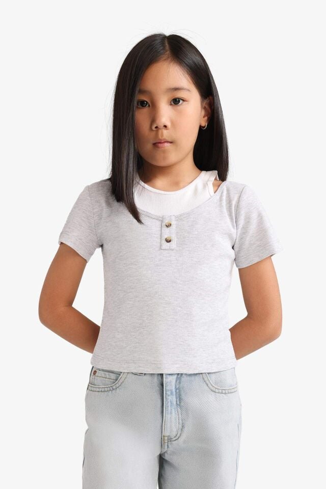 Kız Çocuk Cropped Fit Bisiklet Yaka Ribana Kısa Kollu Tişört
