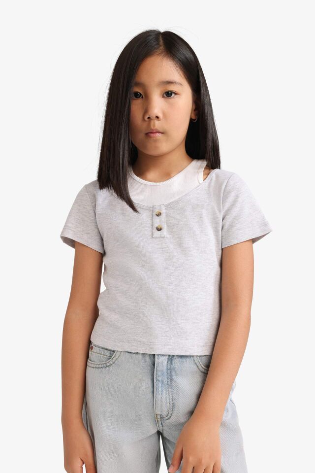 Kız Çocuk Cropped Fit Bisiklet Yaka Ribana Kısa Kollu Tişört