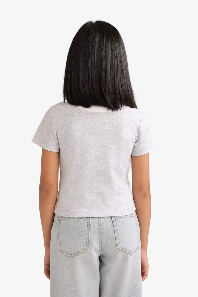 Kız Çocuk Cropped Fit Bisiklet Yaka Ribana Kısa Kollu Tişört