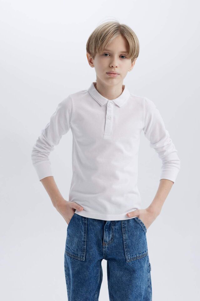 Erkek Çocuk Pike Basic Düz Uzun Kollu Polo Tişört