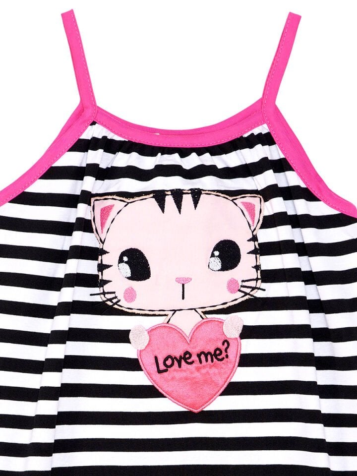 Love Me Kız Çocuk Çizgili Kedili Askılı Tulum 5 Y - Siyah, beyaz