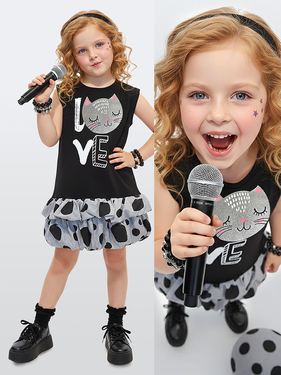 Puantiye Kedi Kız Çocuk Balon Elbise