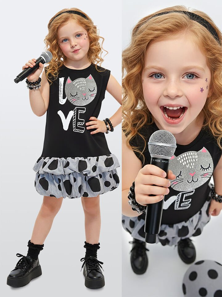 Puantiye Kedi Kız Çocuk Balon Elbise