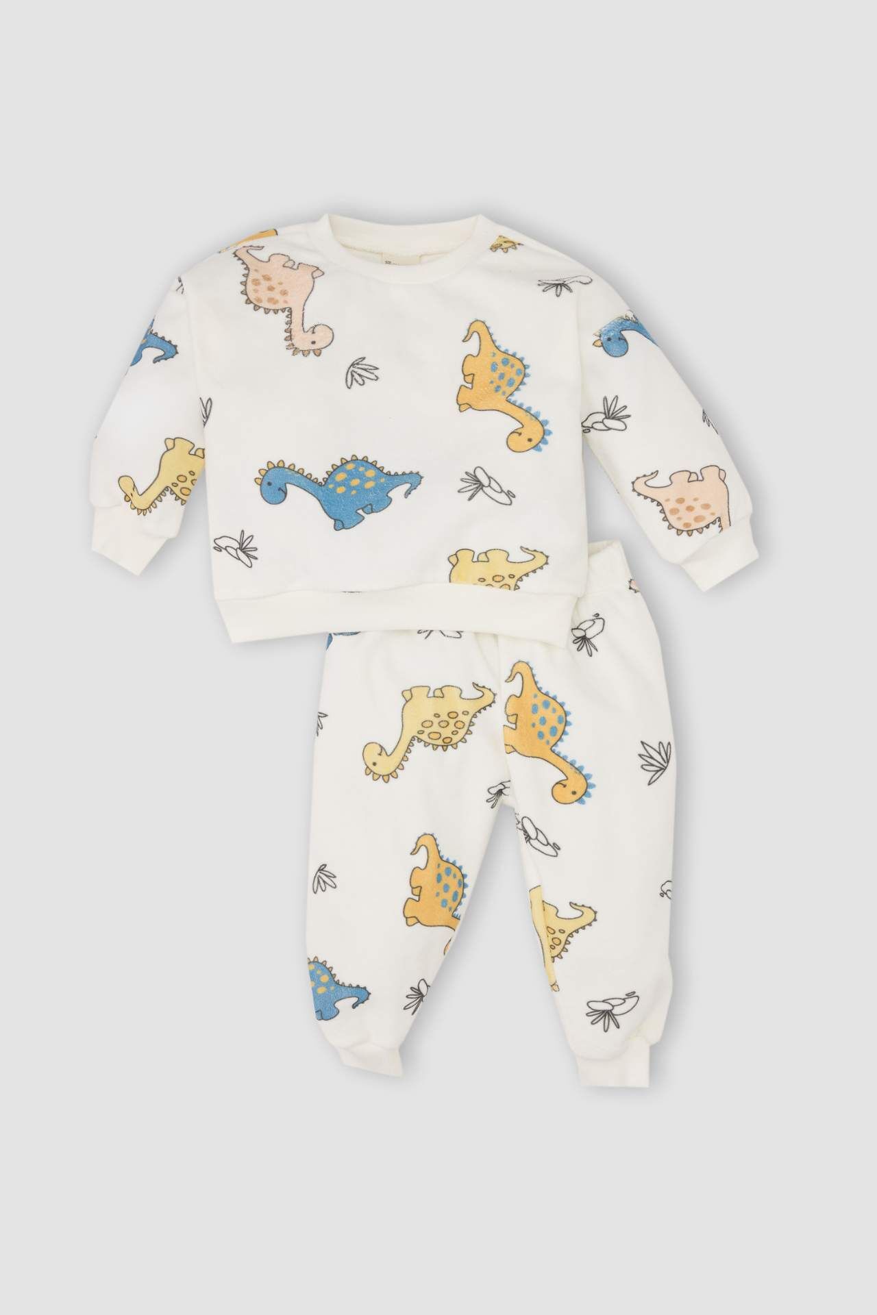 Erkek Bebek 2'li Takım Bisiklet Yaka Dinazor Desenli Sweatshirt Üst Beli Lastikli Eşofman Altı