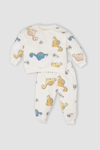 Erkek Bebek 2'li Takım Bisiklet Yaka Dinazor Desenli Sweatshirt Üst Beli Lastikli Eşofman Altı