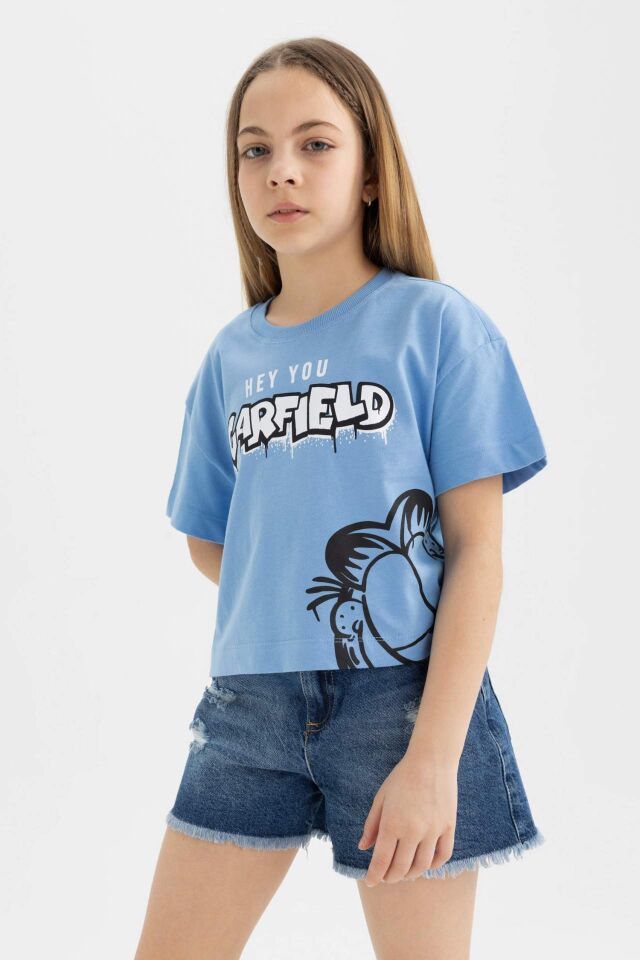 Kız Çocuk Garfield Bisiklet Yaka Kısa Kollu Tişört