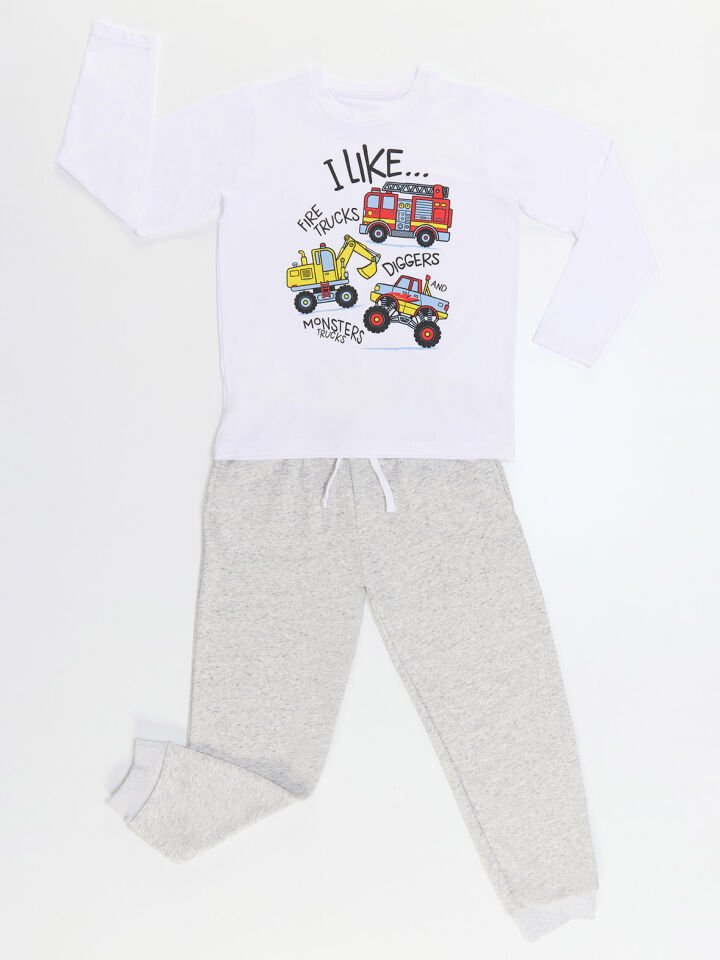 İnşaat Araçları Erkek Çocuk T-shirt Pantolon Takım 6 Y - Gri, Beyaz