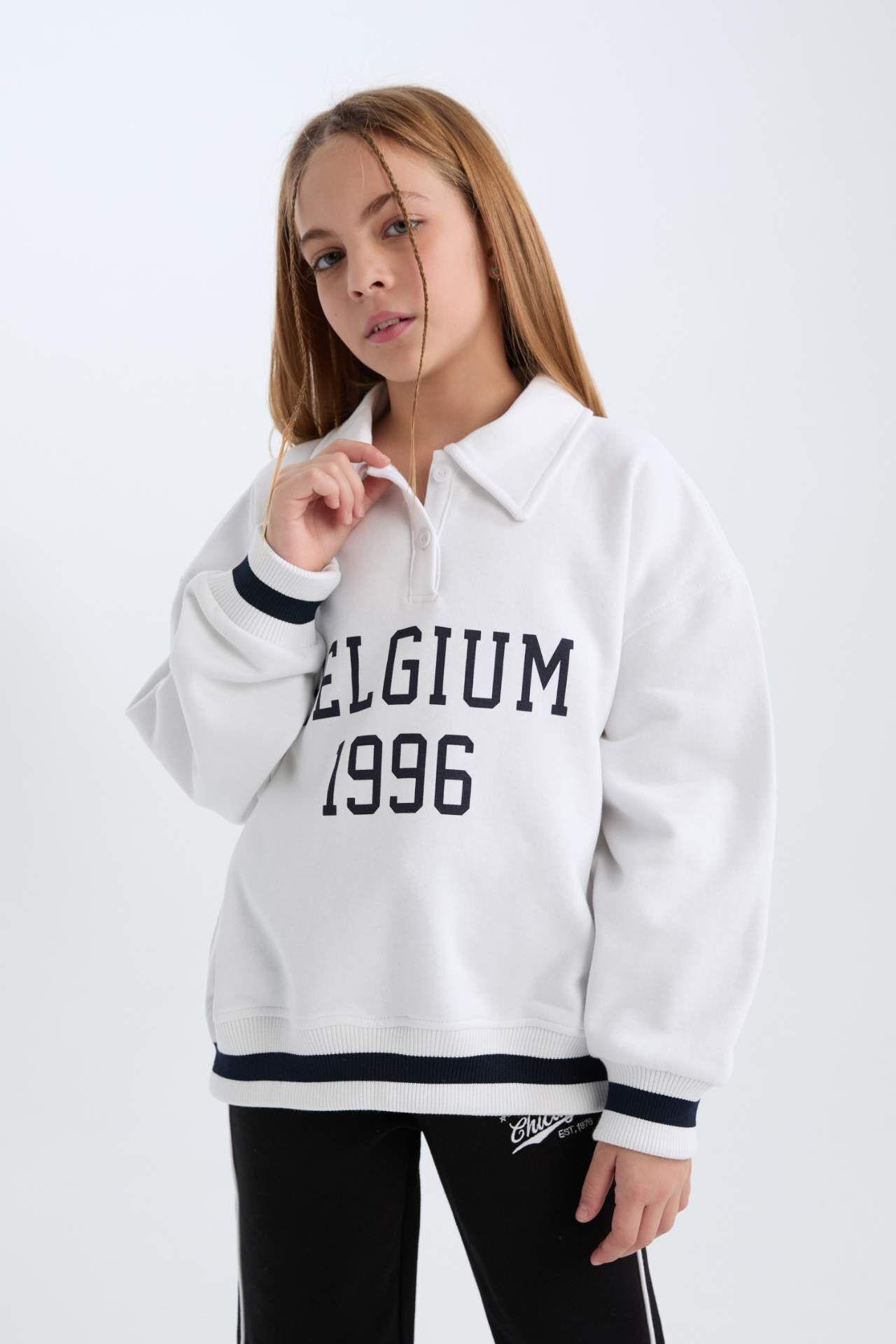 Kız Çocuk Oversize Geniş Kalıp Polo Yaka Baskılı İçi Yumuşak Tüylü Sweatshirt