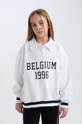Kız Çocuk Oversize Geniş Kalıp Polo Yaka Baskılı İçi Yumuşak Tüylü Sweatshirt