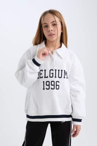 Kız Çocuk Oversize Geniş Kalıp Polo Yaka Baskılı İçi Yumuşak Tüylü Sweatshirt