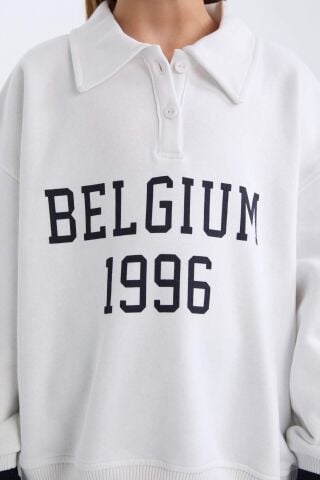 Kız Çocuk Oversize Geniş Kalıp Polo Yaka Baskılı İçi Yumuşak Tüylü Sweatshirt