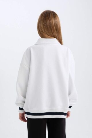 Kız Çocuk Oversize Geniş Kalıp Polo Yaka Baskılı İçi Yumuşak Tüylü Sweatshirt