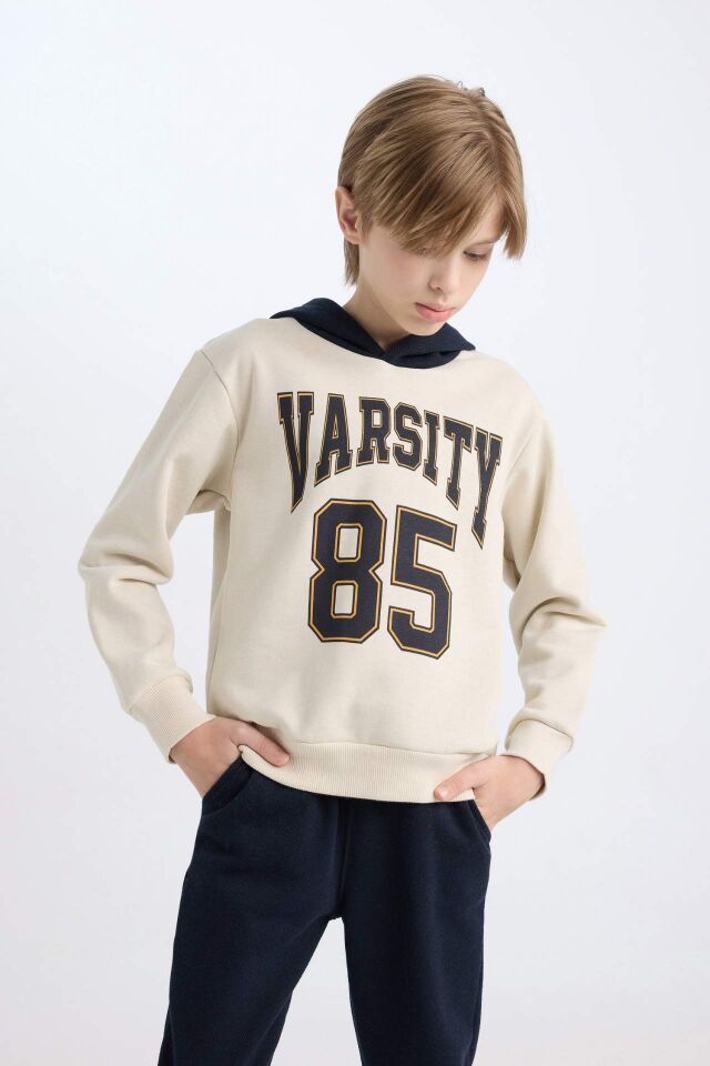 Erkek Çocuk 2'li Takım Baskılı Kapüşonlu Sweatshirt Üst Beli Lastikli Jogger Eşofman Altı