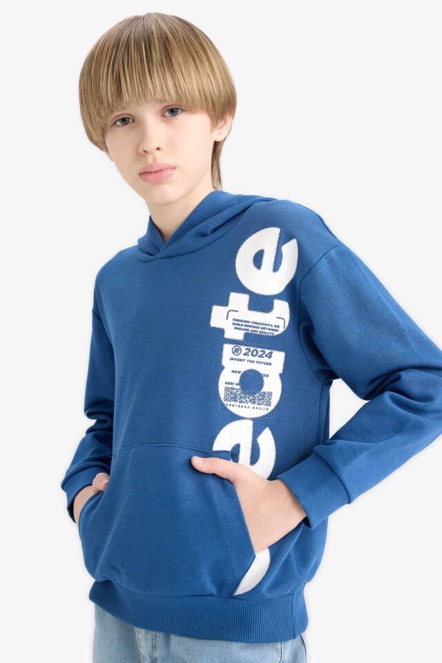 Erkek Çocuk Kapüşonlu Kanguru Cepli Baskılı Sweatshirt