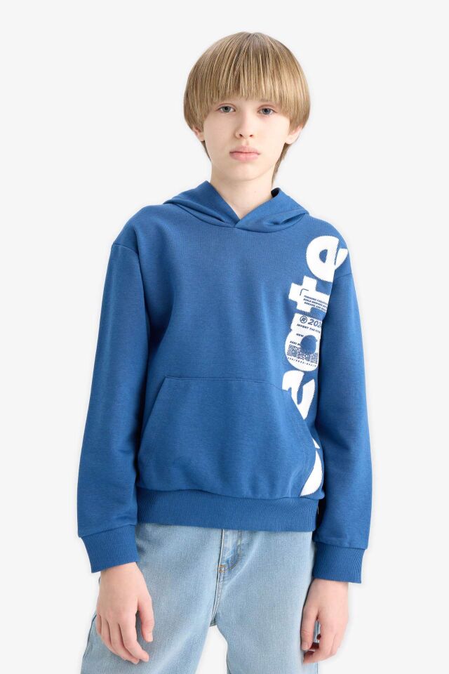 Erkek Çocuk Kapüşonlu Kanguru Cepli Baskılı Sweatshirt