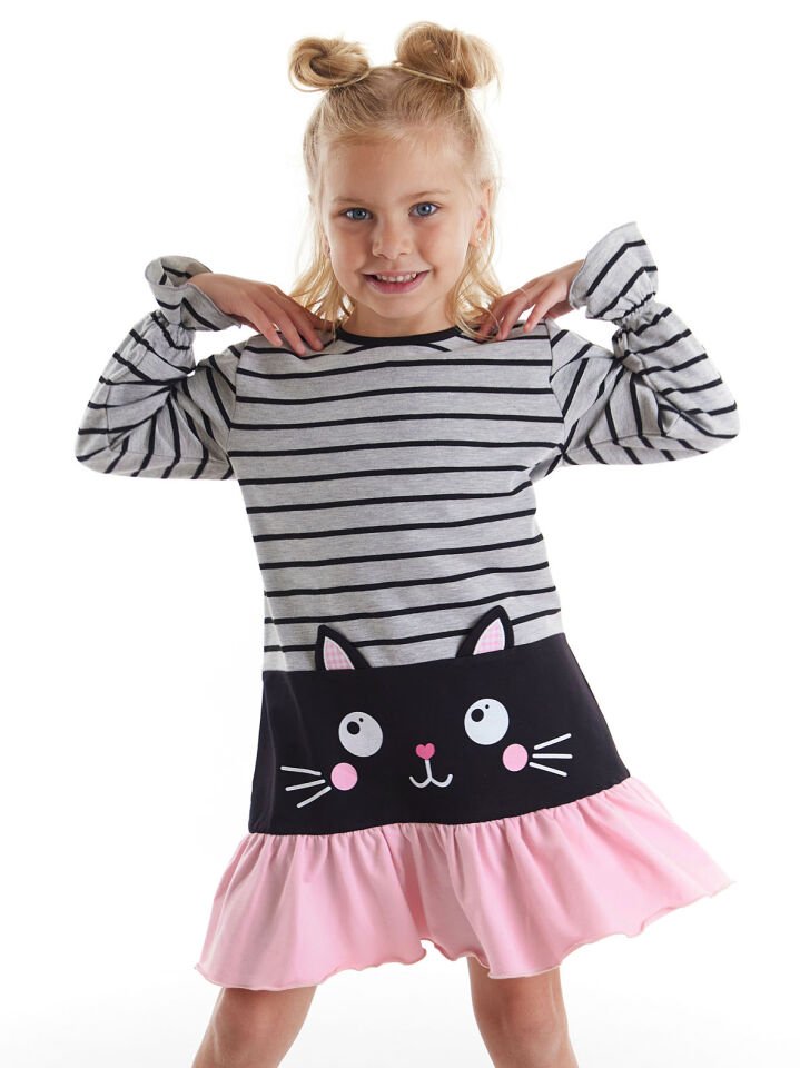 Siyah Kedi Kız Çocuk Elbise 5 Y - Pembe, Gri