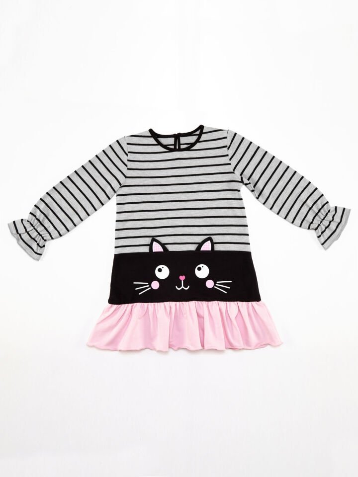 Siyah Kedi Kız Çocuk Elbise 5 Y - Pembe, Gri