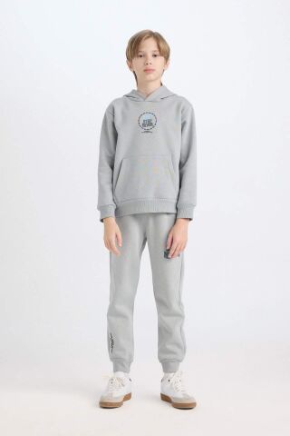 Erkek Çocuk Gri Kapüşonlu Sırt Baskılı Sweatshirt