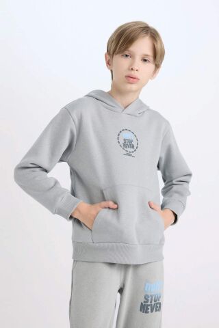 Erkek Çocuk Gri Kapüşonlu Sırt Baskılı Sweatshirt