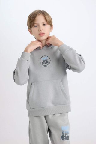 Erkek Çocuk Gri Kapüşonlu Sırt Baskılı Sweatshirt