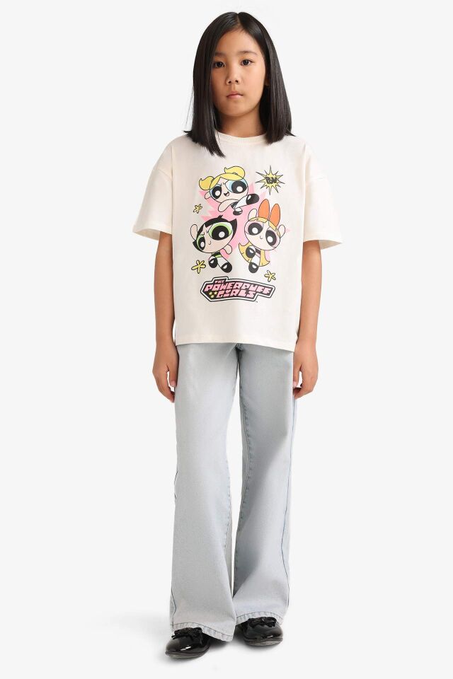 Kız Çocuk PowerPuff Girls Oversize Geniş Kalıp Bisiklet Yaka Kısa Kollu Tişört